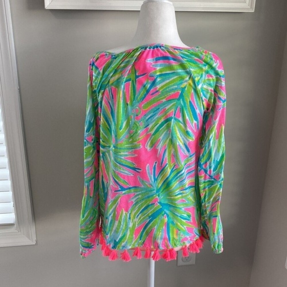Lilly Pulitzer Linzy Tiki Fringe Pink Green Tastle Top XS - Picture 8 of 9